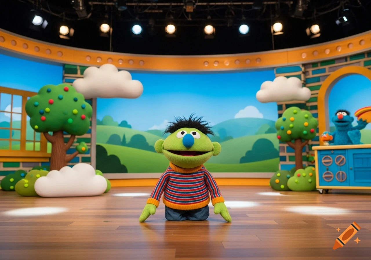 A green Muppet-like puppet with a blue nose and messy black hair, wearing a striped sweater, stands on a TV set with a cartoon landscape.