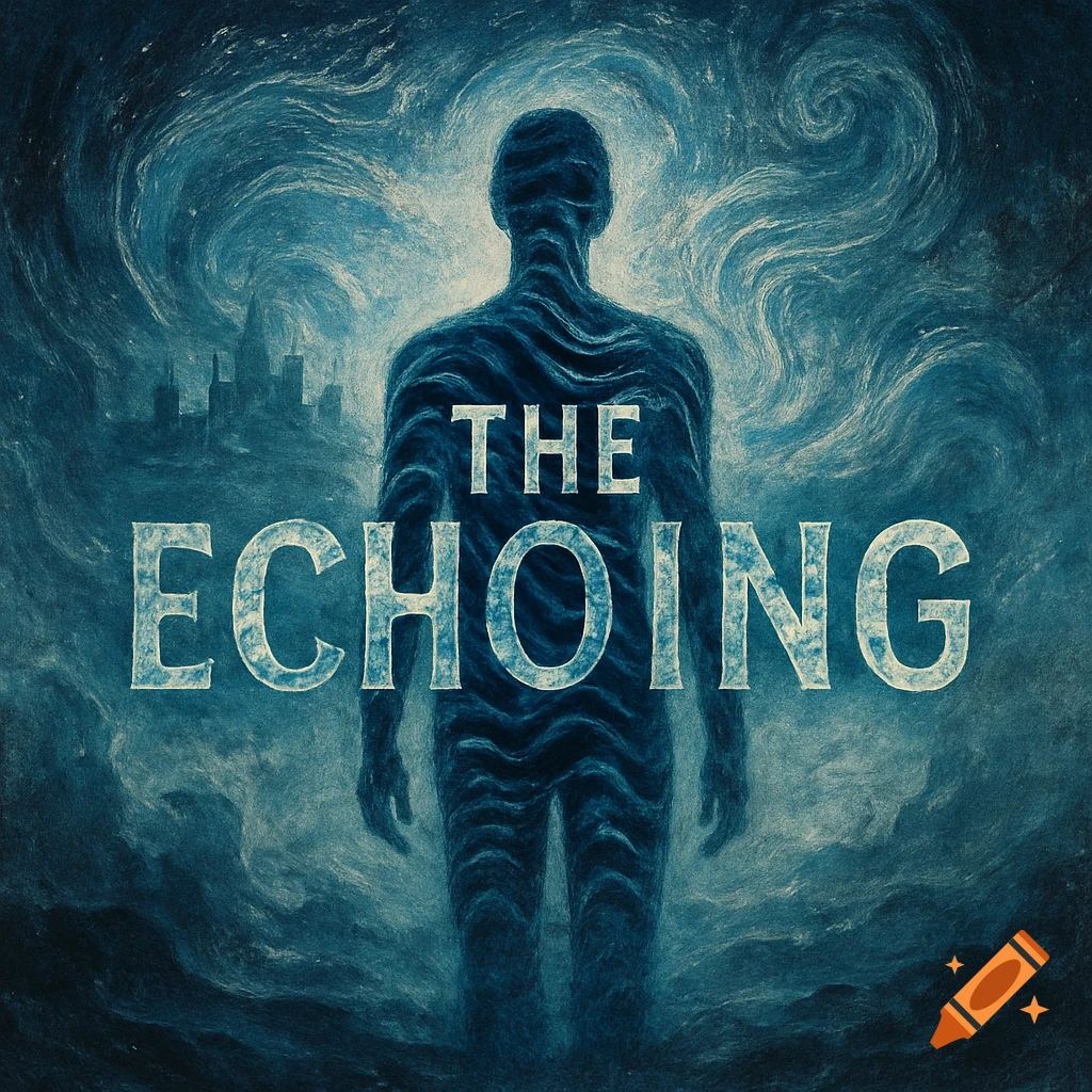 A dark, ethereal album cover with a human silhouette made of swirling blue patterns against a stormy sky and city, with text "THE ECHOING".