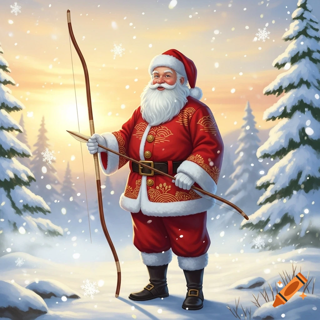 Illustrated Santa Claus in a red suit, holding a traditional Japanese yumi in a snowy winter forest at sunset.