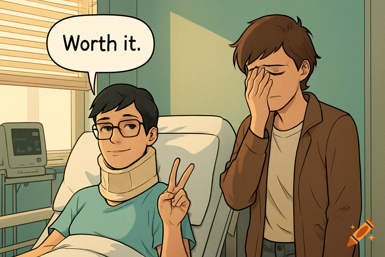 Cartoon illustration of a person with a neck brace in a hospital bed making a peace sign, saying "Worth it," as another person facepalms.