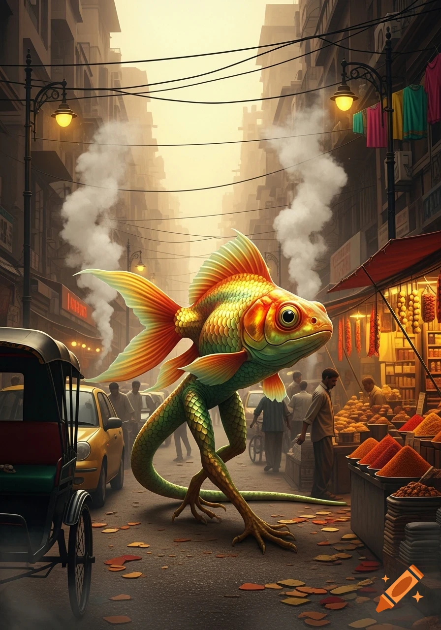 A vibrant goldfish-lizard hybrid stands on a bustling, smoky street in an Indian city, with market stalls, cars, and people.