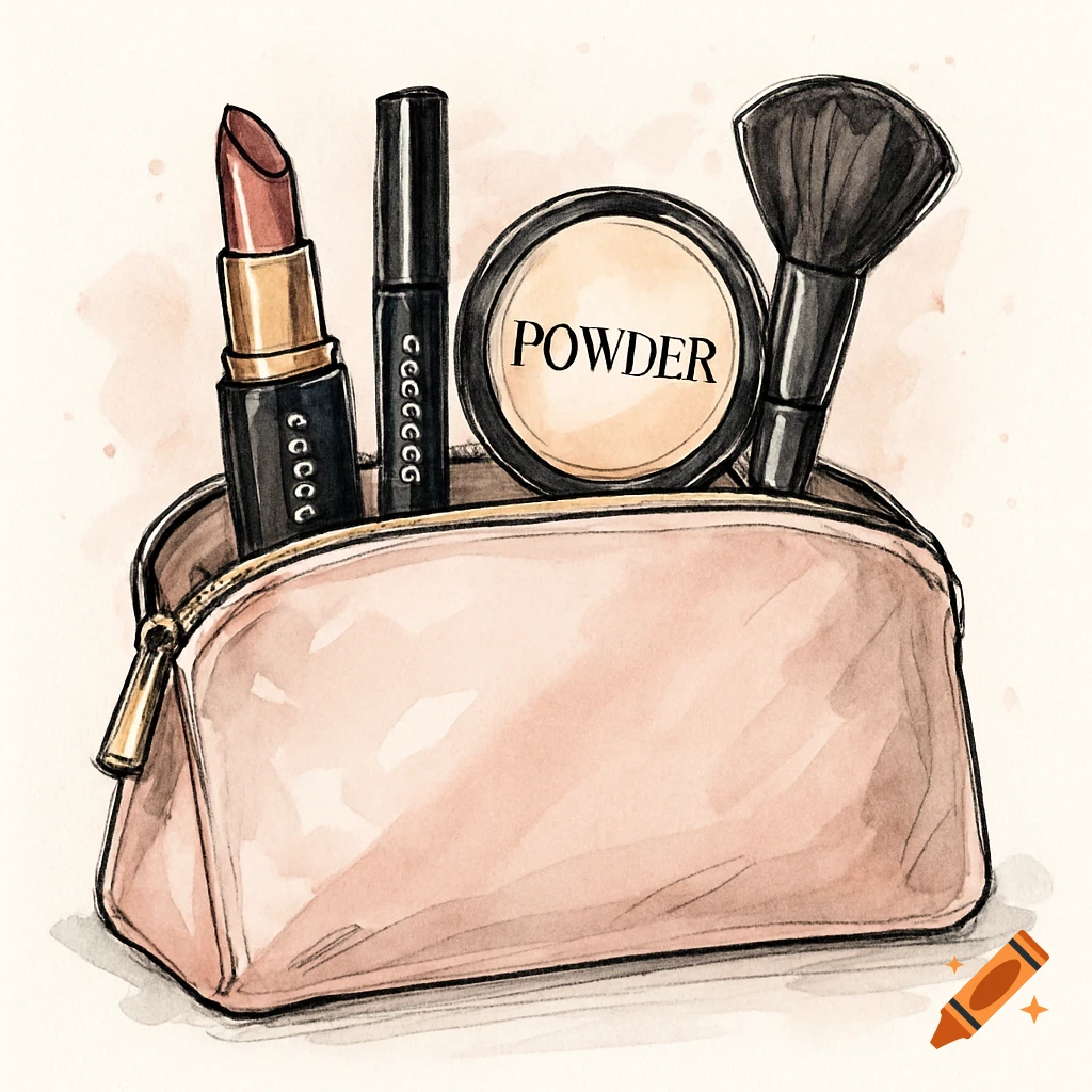 Watercolor sketch illustration of a pink cosmetic bag filled with makeup items like lipstick, mascara, and a powder compact.