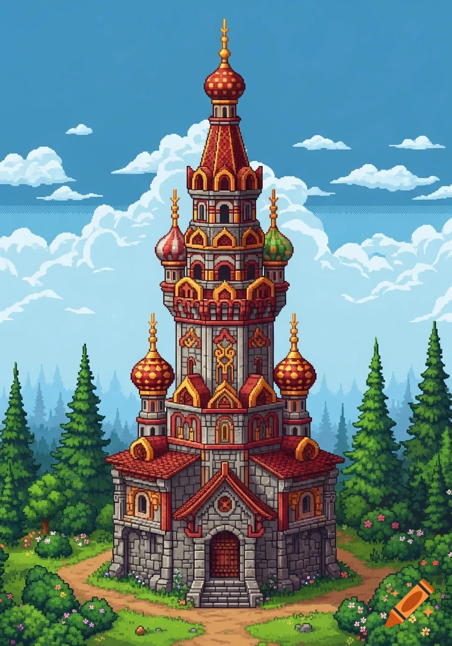 A vibrant pixel art illustration of an elaborate Russian-style tower with onion domes, surrounded by green trees under a blue sky.