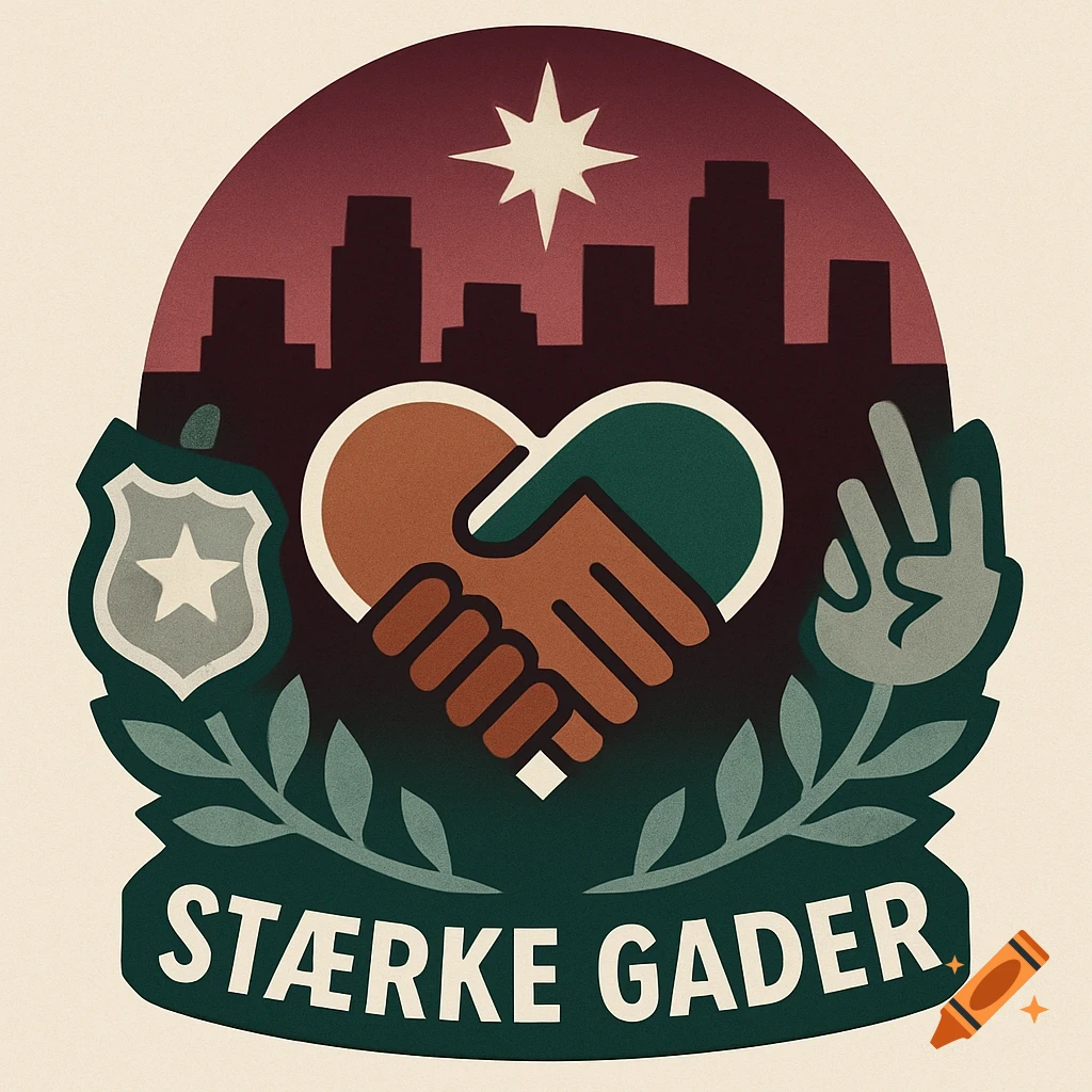 Stylized logo with a handshake forming a heart, a police badge, a peace sign, and a city skyline above text 'STÆRKE GADER'.