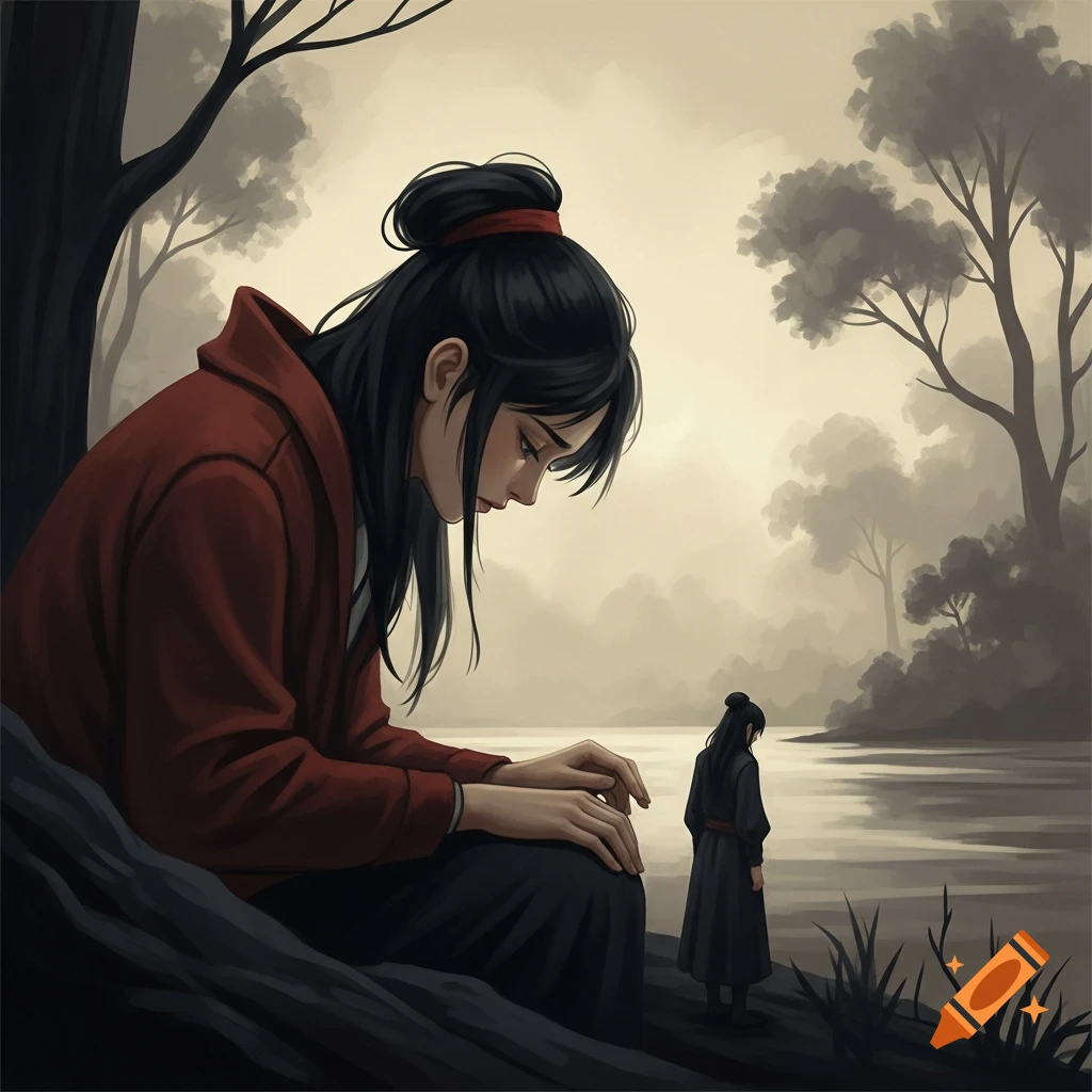 Anime-style character in a red robe sits sadly under a tree, a smaller version of her stands by a misty lake in the background, monochromatic art.