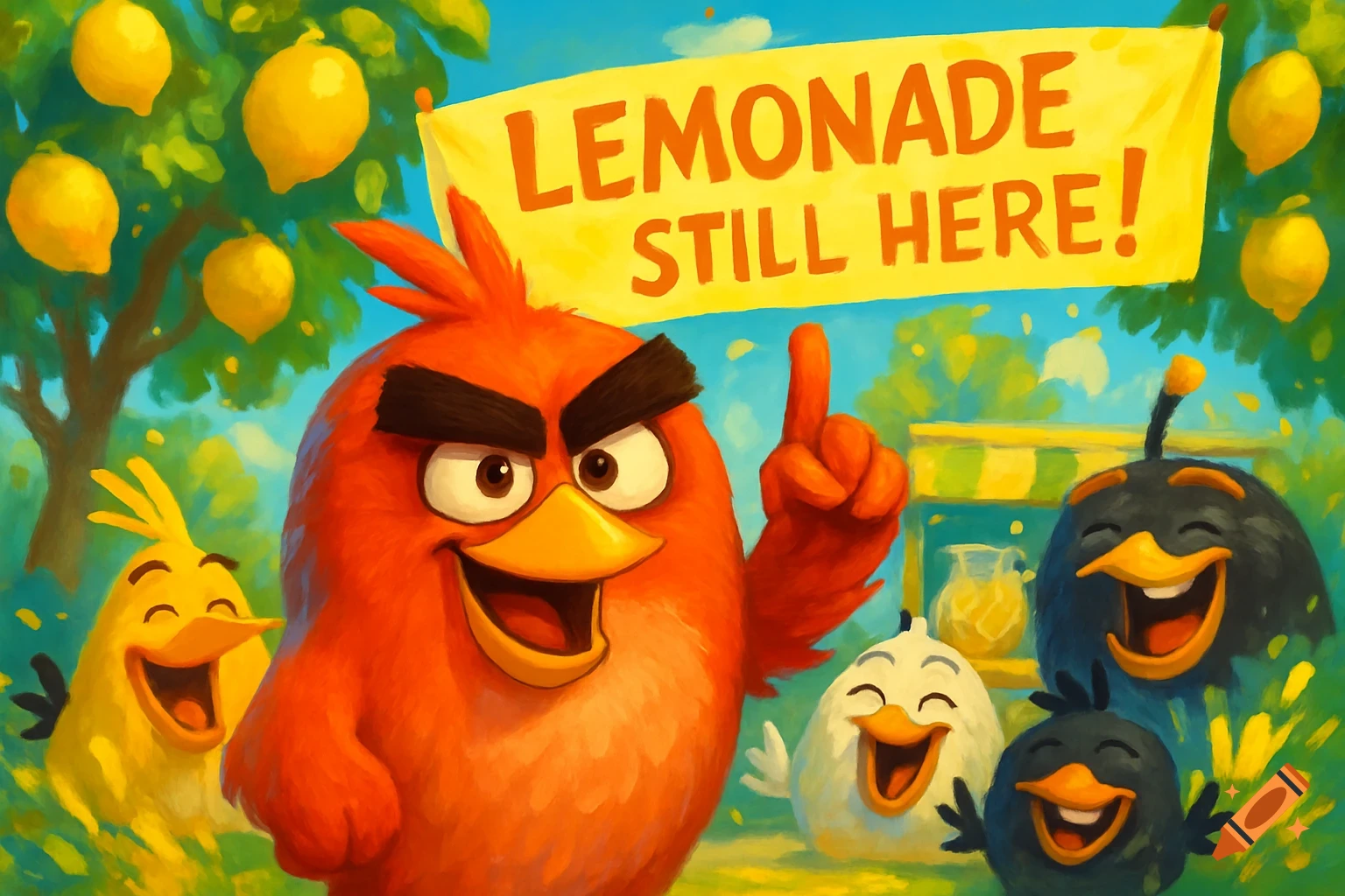 Red from Angry Birds points to a 'LEMONADE STILL HERE!' banner, with other cheerful birds and a lemon tree in a vibrant cartoon style.