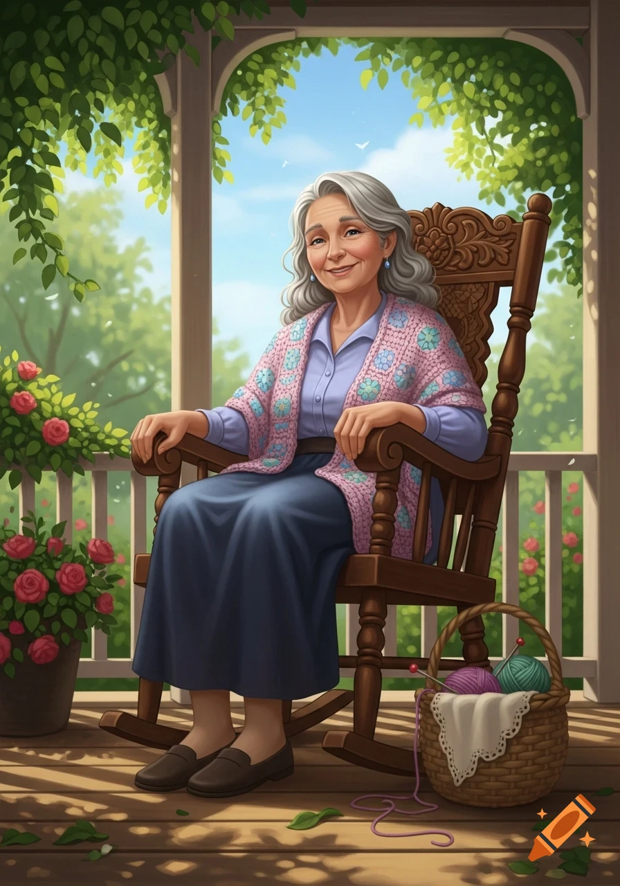 An elderly woman with gray hair sits smiling in a wooden rocking chair on a sunny porch, with a basket of yarn and roses nearby, in an illustrated style.