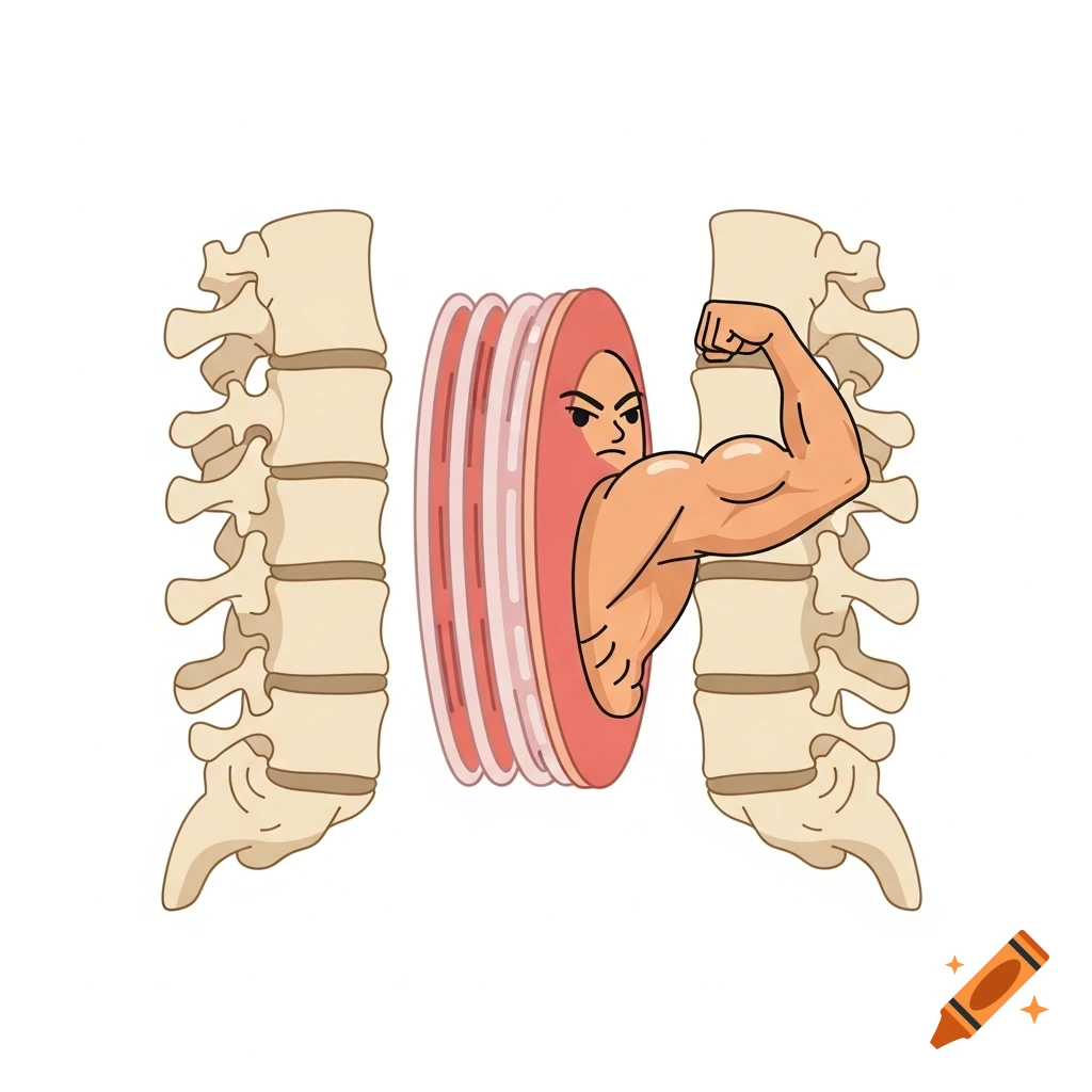 Cartoon illustration of an angry intervertebral disc flexing its bicep between two sets of vertebrae.