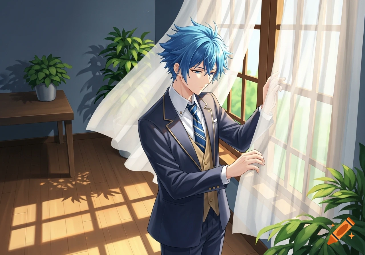 An anime man with blue hair in a suit stands by a sunlit window with white curtains, looking down thoughtfully.