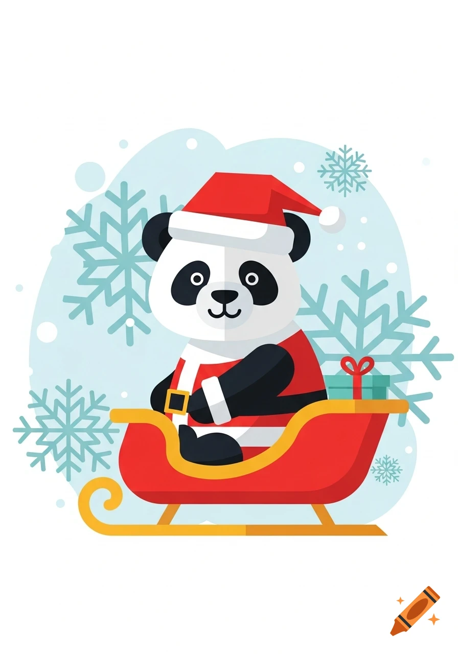 Cartoon panda in a Santa suit sitting in a red sleigh with a gift, surrounded by snowflakes on a light blue background.
