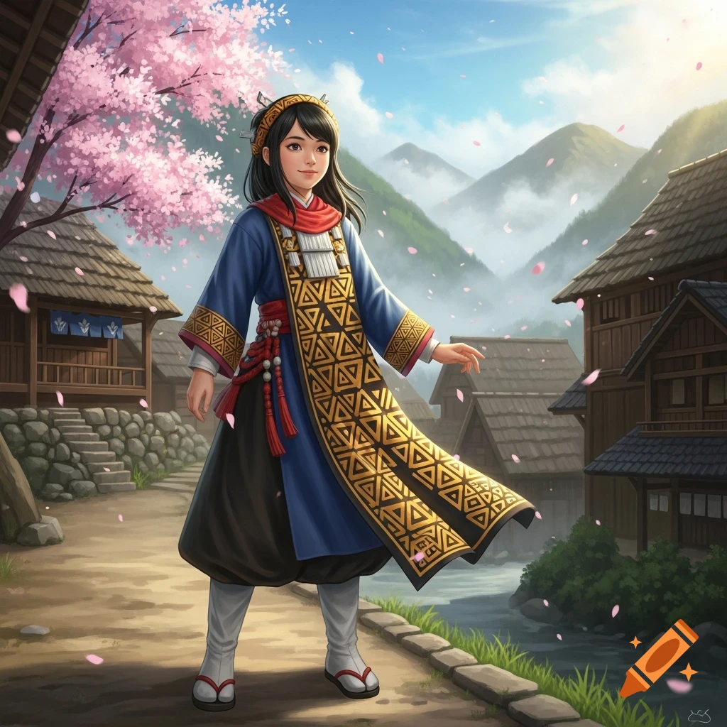 A young girl in intricate blue, red, and gold traditional attire stands on a village path under falling cherry blossoms with mountains behind her.