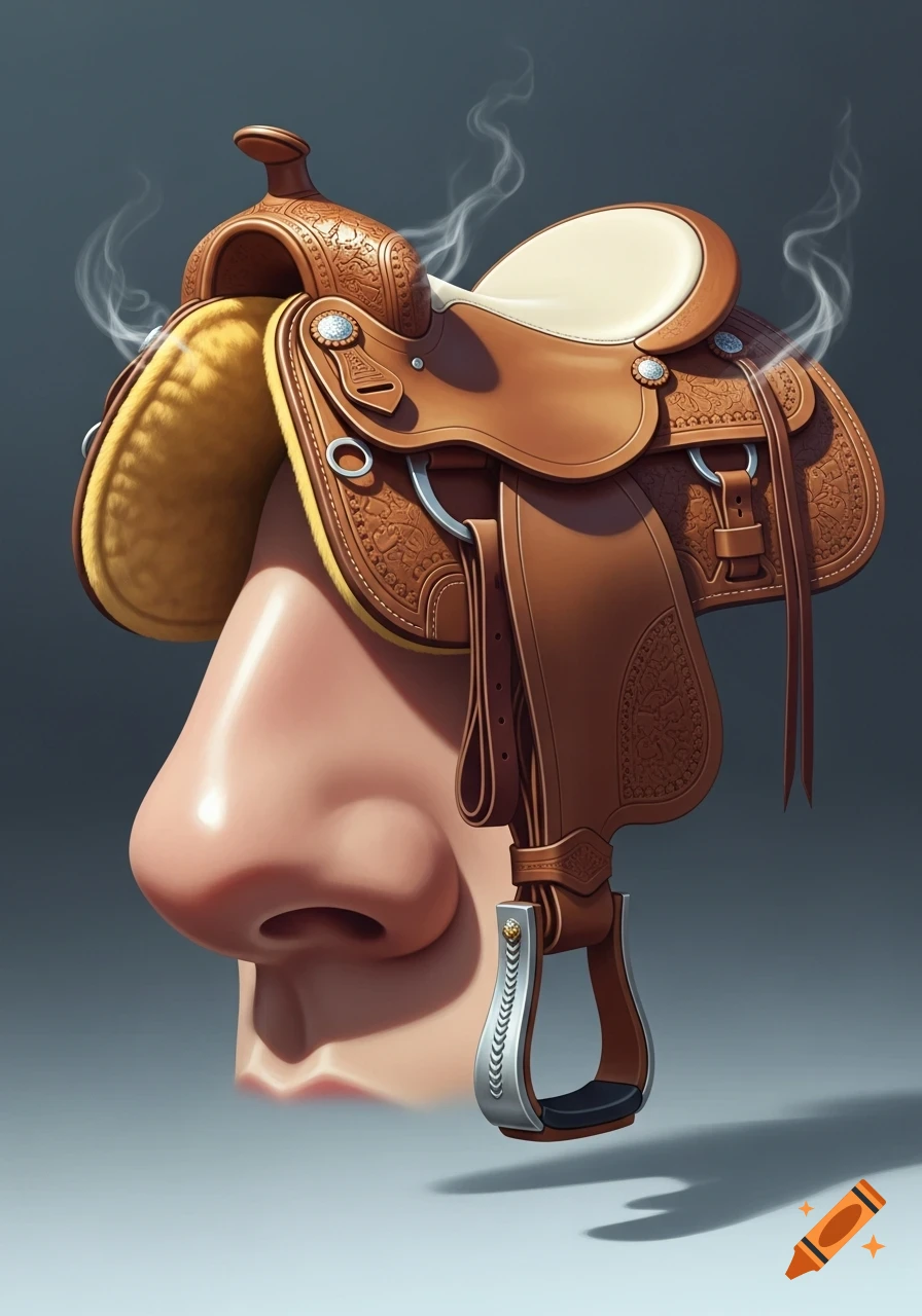 A brown leather horse saddle sits on a large human nose, with smoke rising from it, in a surreal style.