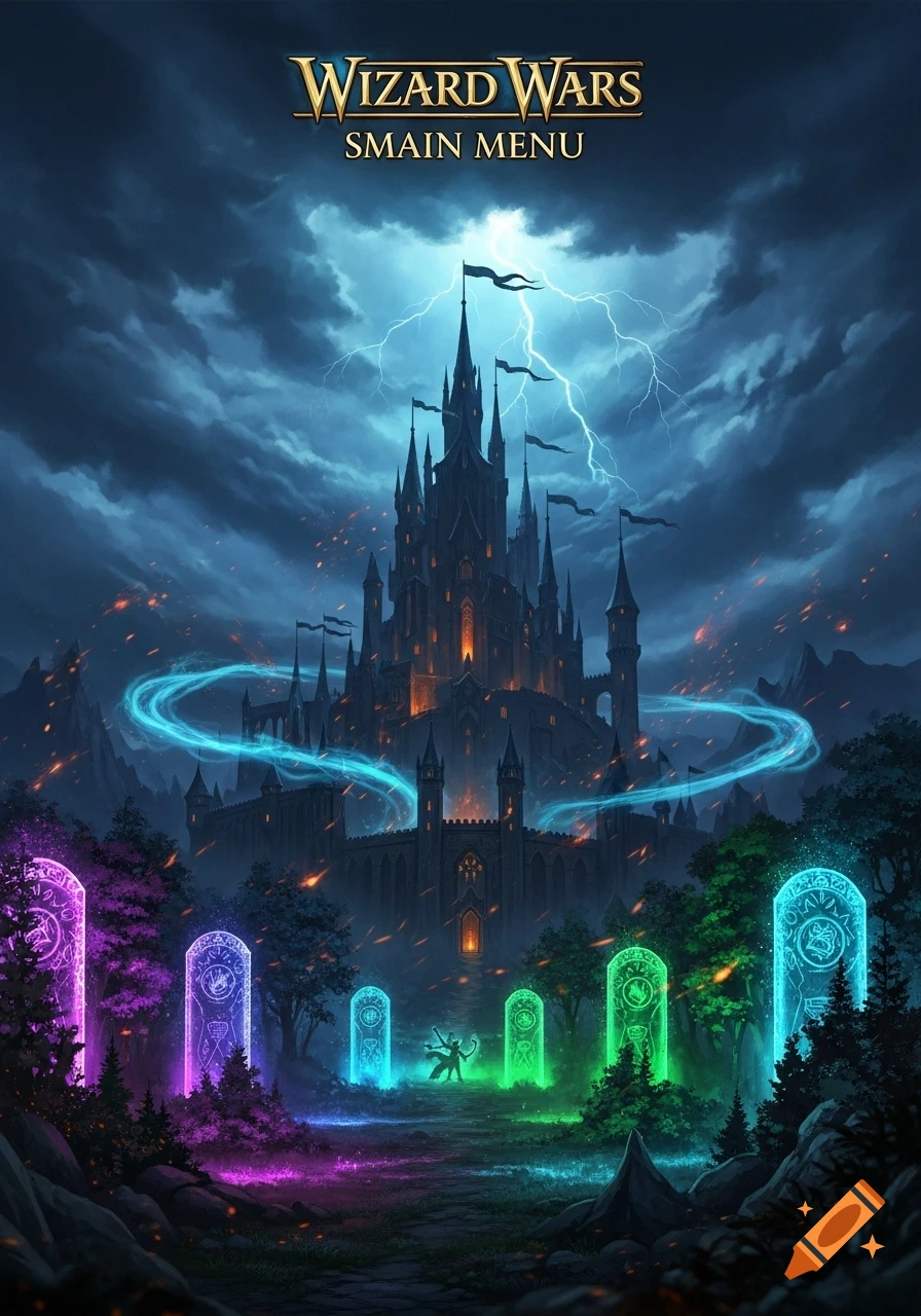 Dark fantasy castle with glowing portals, lightning, and magical energy under a stormy sky, with game title 'Wizard Wars Smian Menu'.
