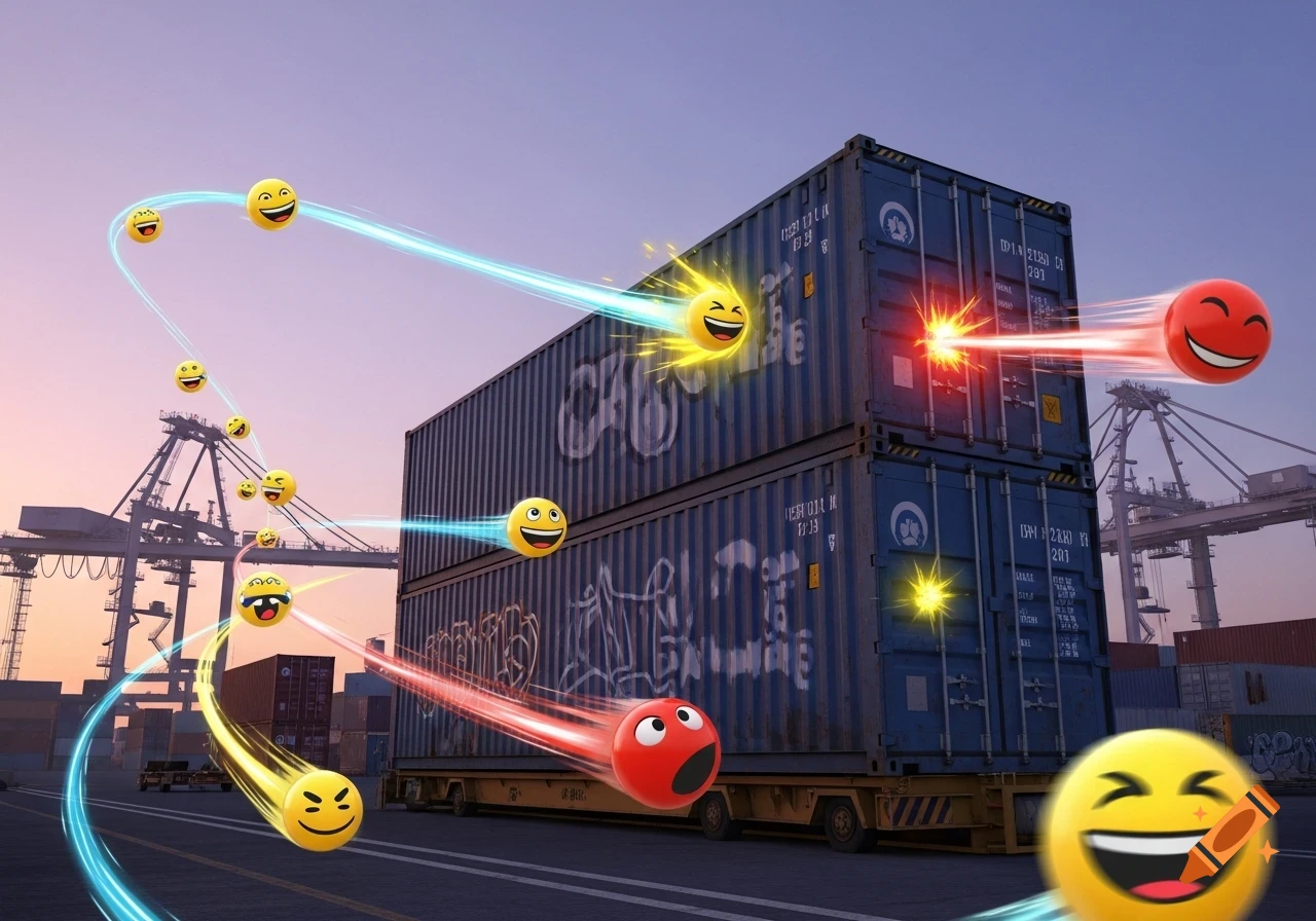 Smiling and screaming emojis with light trails attack blue cargo containers at a port with cranes at sunset in a game-like style.