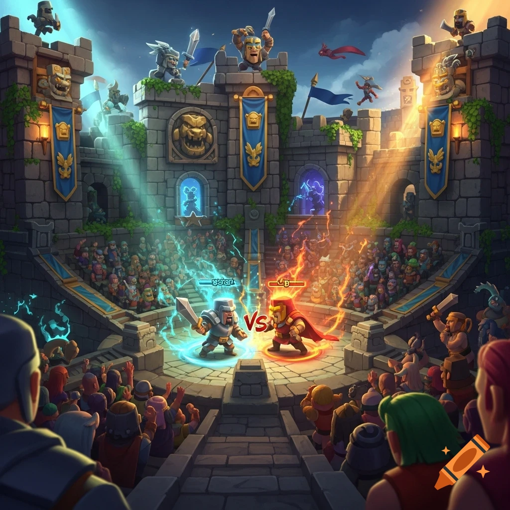 Cartoon fantasy battle in a castle arena, two armored characters fight with swords as a crowd watches from stands.