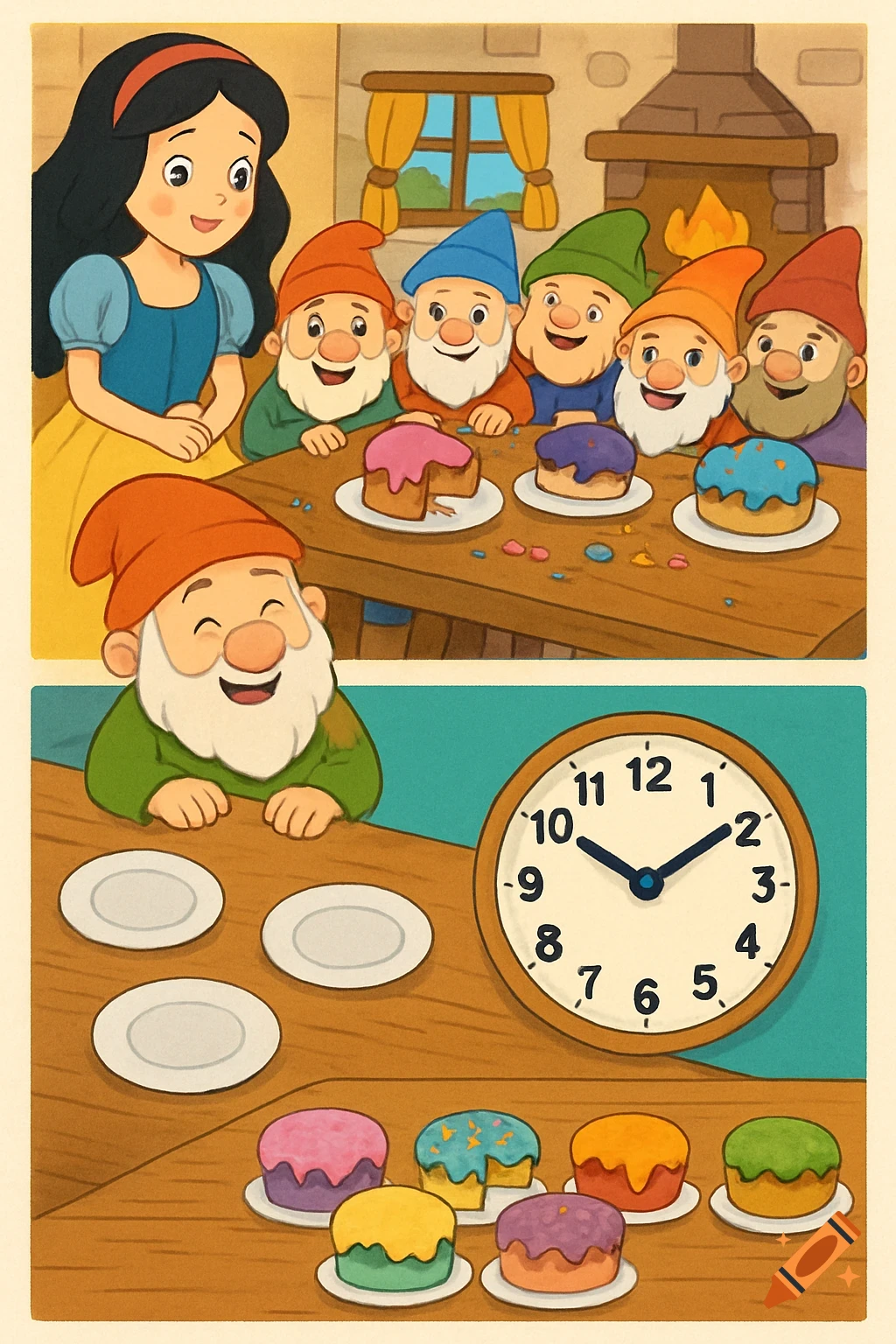 Snow White and dwarves eating cakes in a cottage kitchen, with a clock showing 6:51 below.