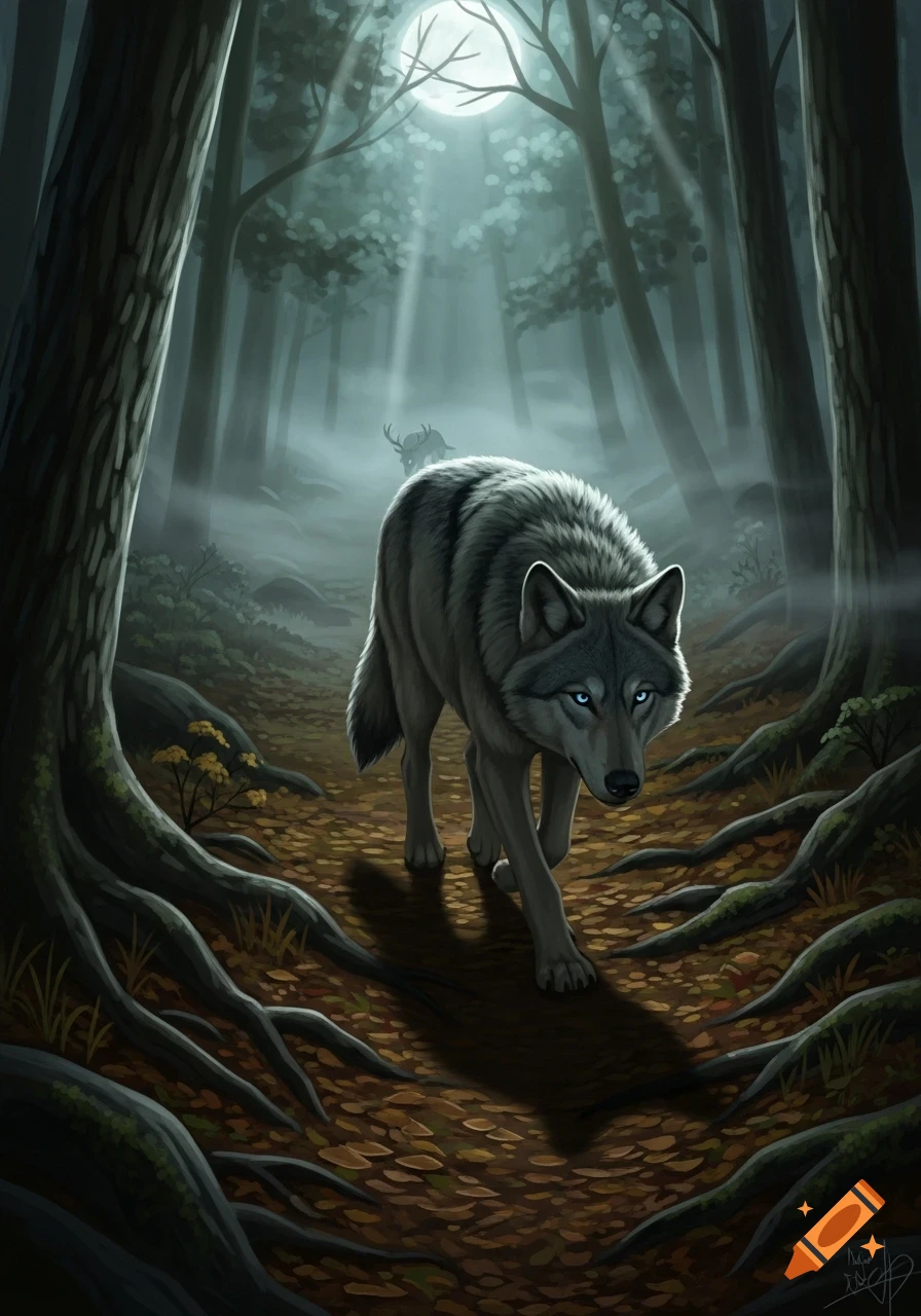 A grey wolf with blue eyes walks through a misty, moonlit forest path with fallen leaves and large roots. A deer is faintly visible in the background.