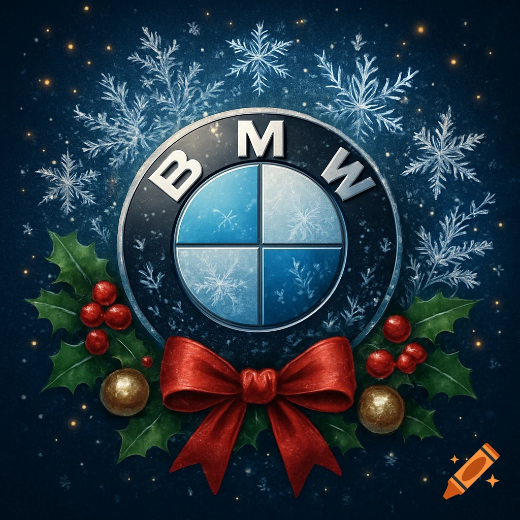 BMW logo with snow-covered elements, surrounded by holly, berries, a red bow, and golden ornaments, against a dark blue background with snowflakes.
