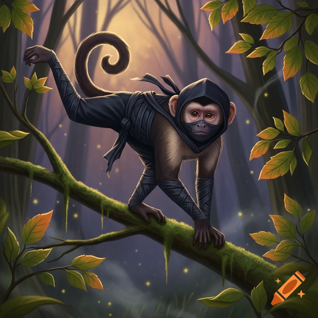 A capuchin monkey dressed as a ninja crouches on a mossy branch in a mystical forest, digital painting style.