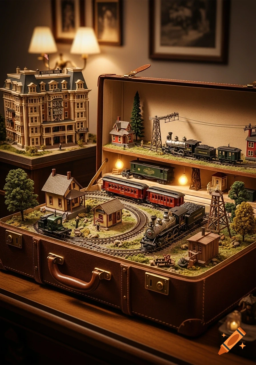 A detailed miniature model train set with buildings, trees, and tracks, displayed inside an open brown leather suitcase on a wooden table.