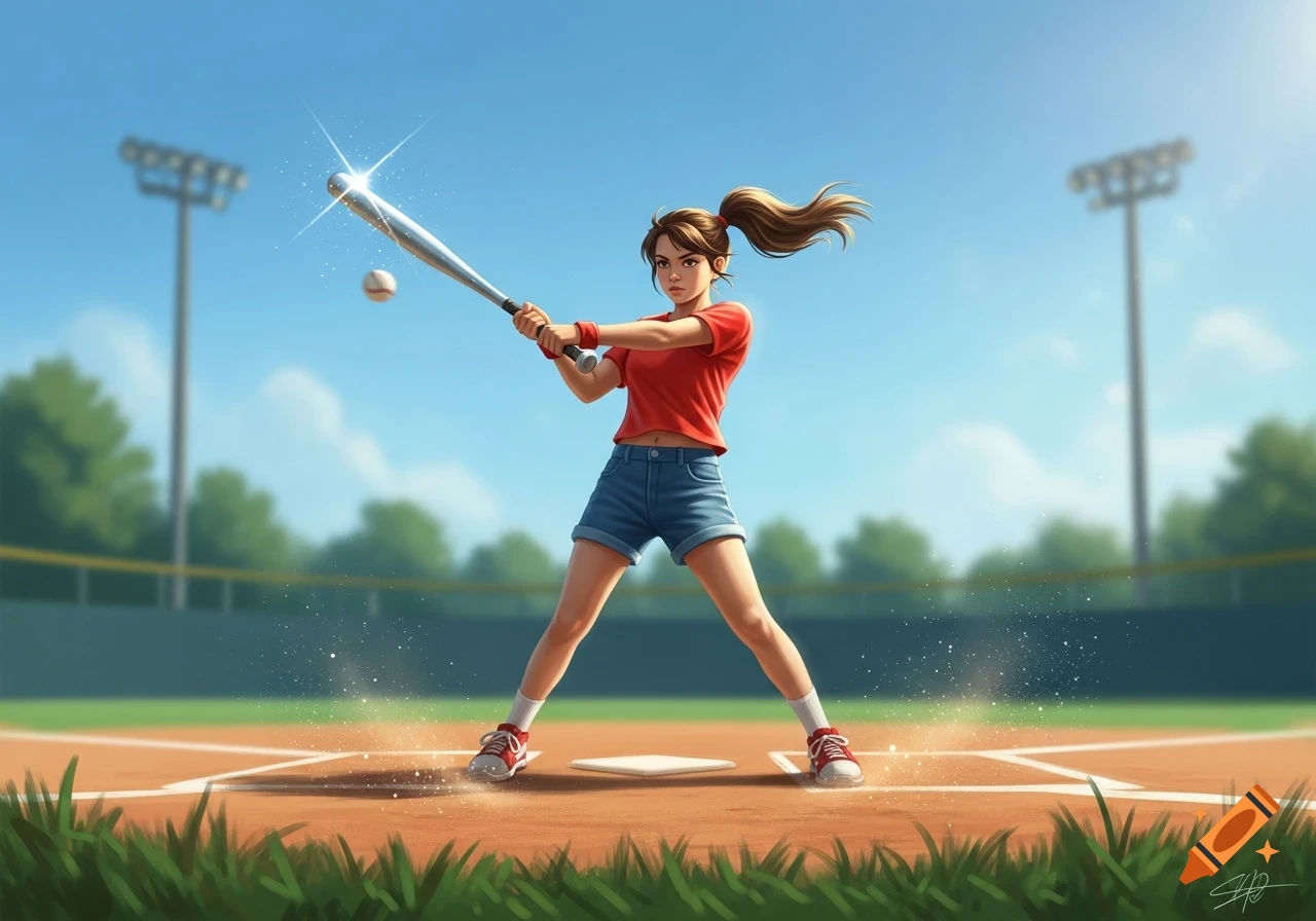 A cartoon girl in a red shirt and denim shorts swings a baseball bat on a sunny field.