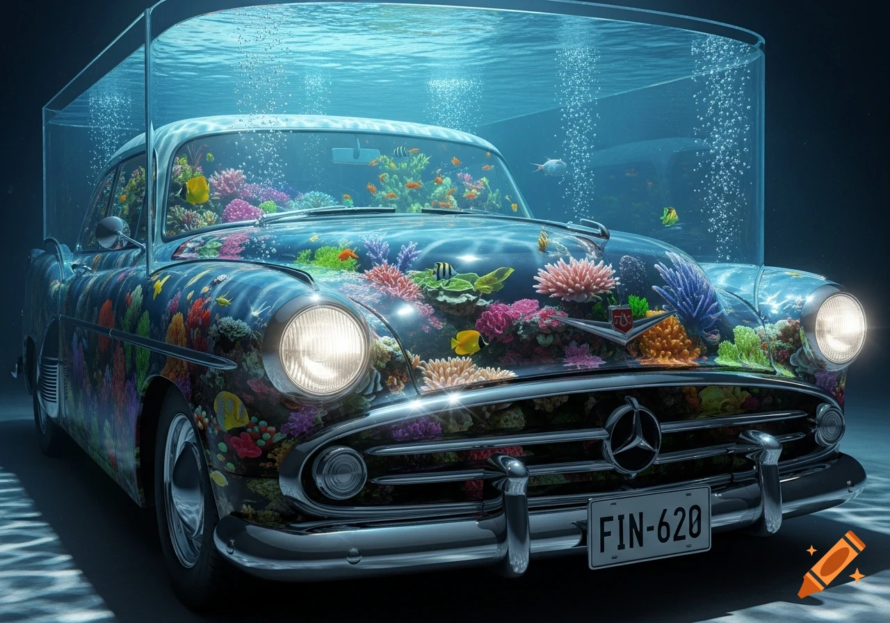 A classic car is transformed into a vibrant underwater aquarium, covered in colorful coral and fish, with water and bubbles in a clear tank on its roof.