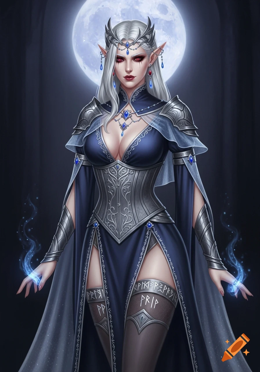 A fantasy portrait of Velyra Silverthorn, a high elf queen with silver hair, red eyes, and a blue and silver gown, against a full moon.