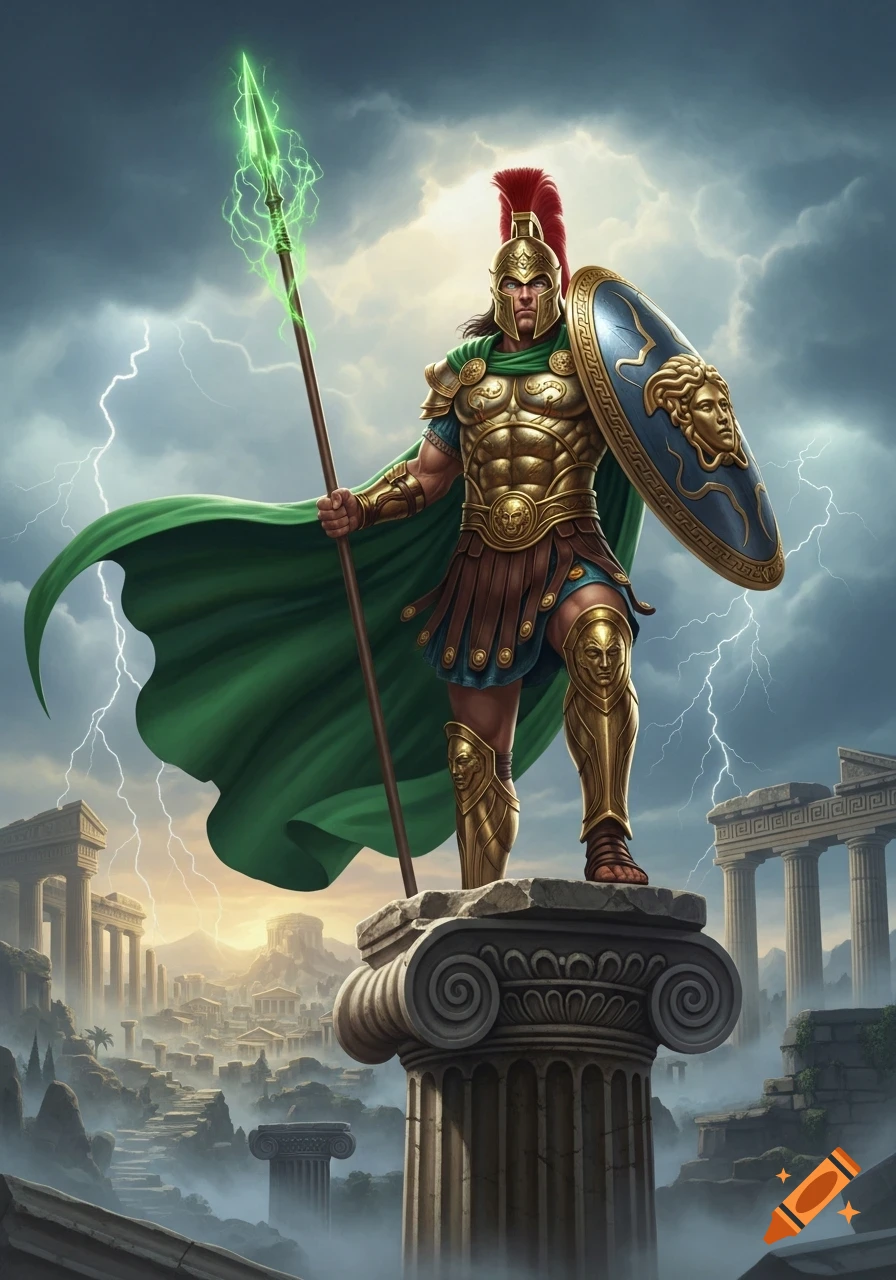 A powerful warrior in golden armor and green cape stands on a column, holding a glowing green spear and shield, amidst ancient ruins under a stormy sky.