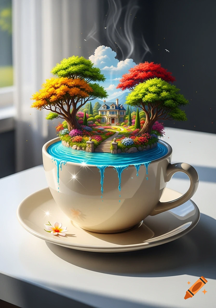 A whimsical miniature landscape featuring a house, colorful trees, and flowers inside a teacup with blue water overflowing onto the saucer.
