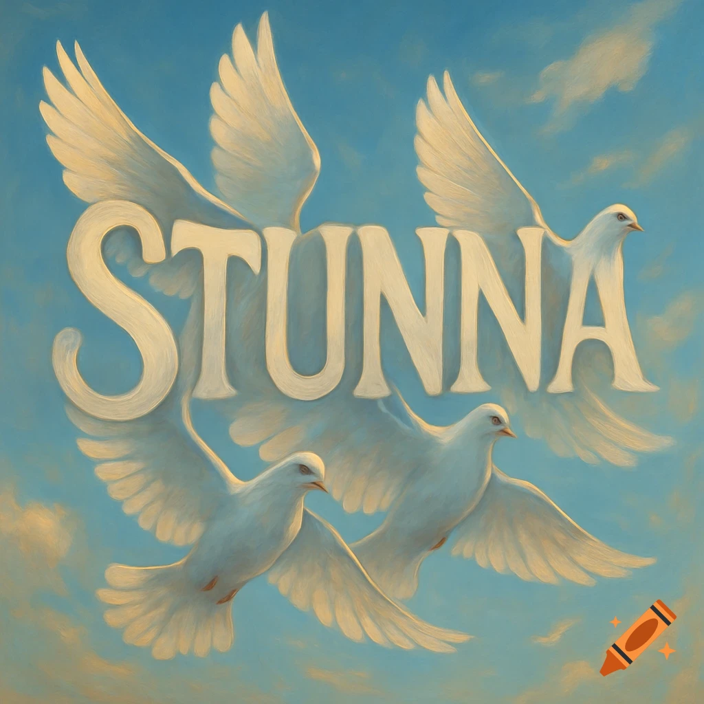 A painterly image of white doves flying in a blue sky, with the word "STUNNA" integrated into their forms.