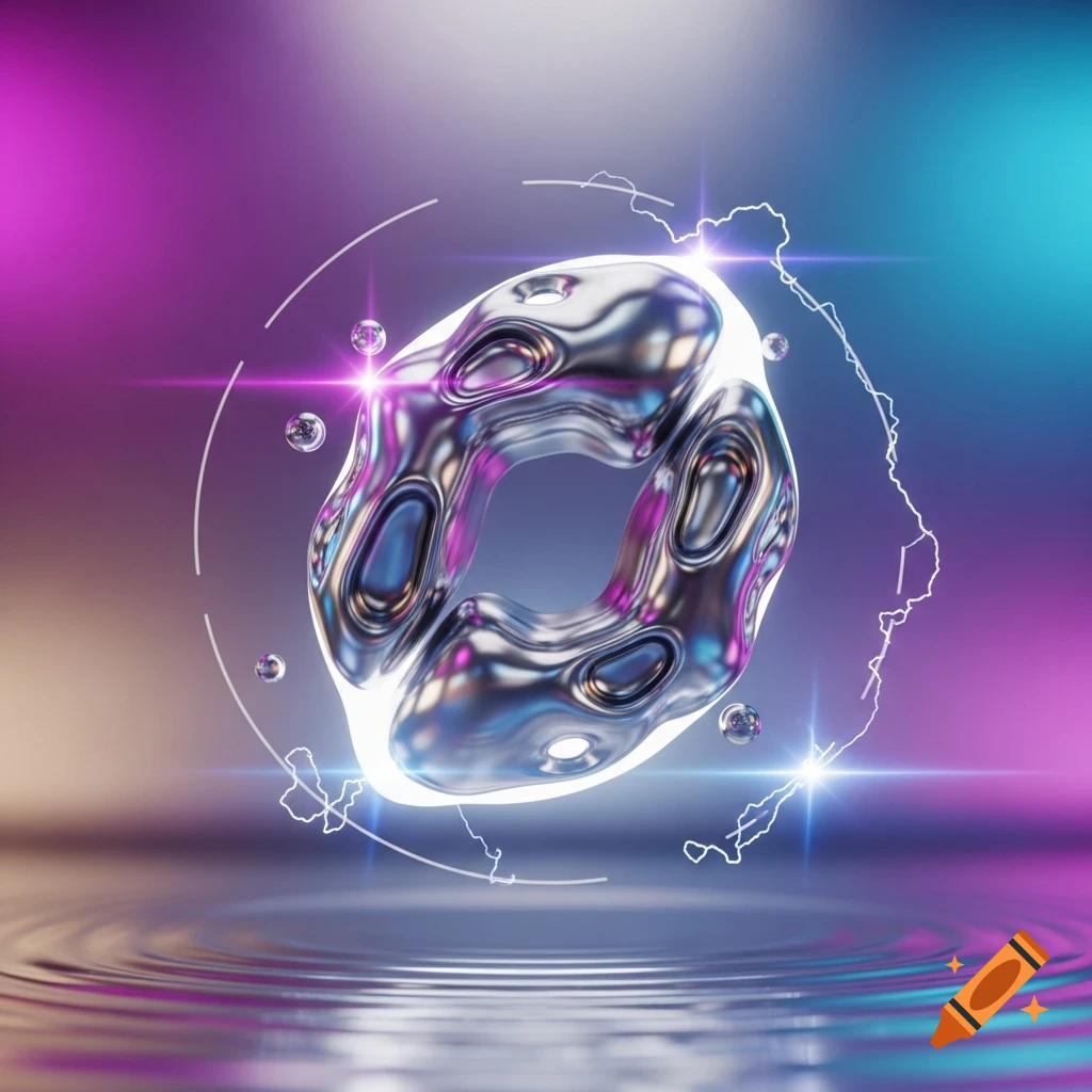 An abstract, fluid metallic ring with vibrant reflections, surrounded by glowing lines and light flares, above rippling water, set against a purple and blue gradient background.