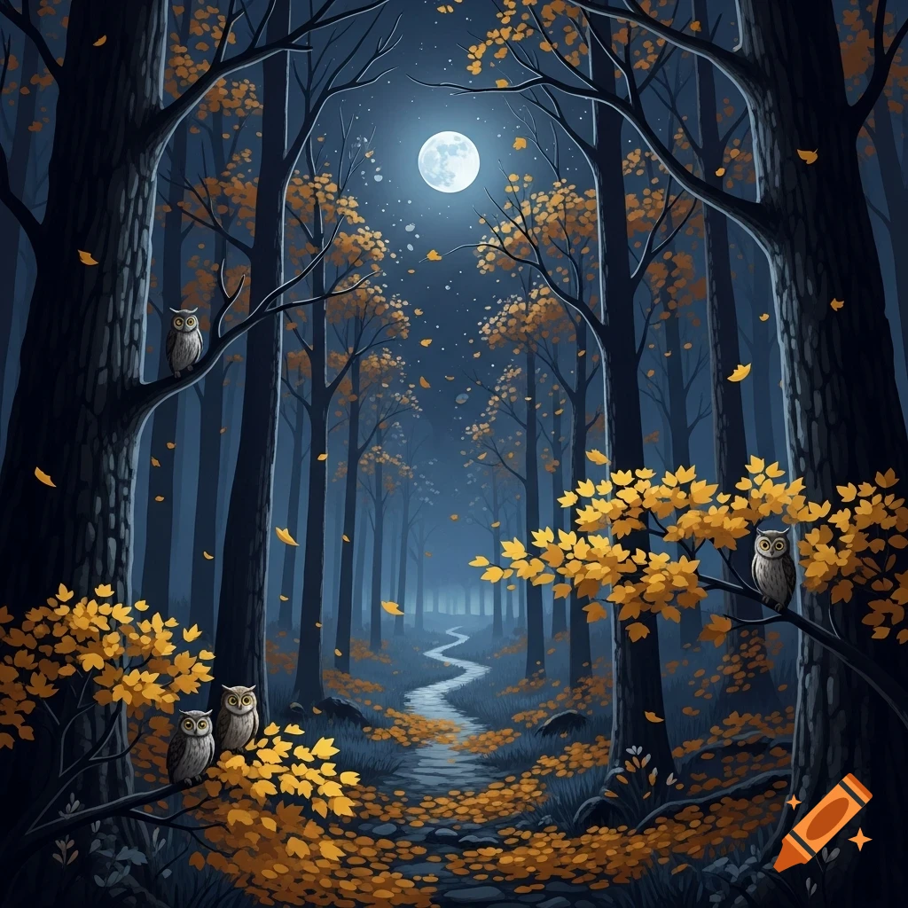 A stylized autumn forest at night under a full moon, with a winding path and multiple small owls perched on trees with golden leaves.