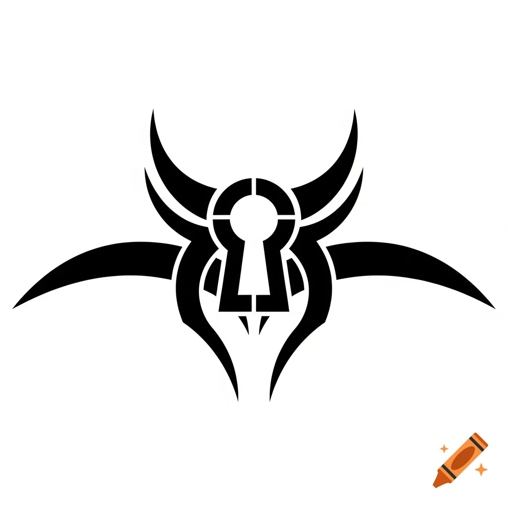 Symmetrical black tribal emblem with upward-pointing horn-like arcs, downward arcs, and a central keyhole design on a white background.