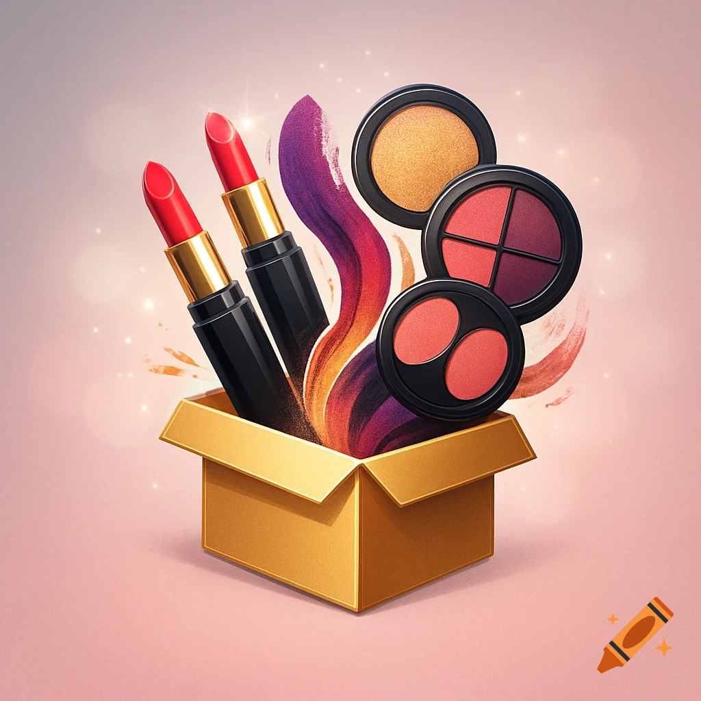 Two red lipsticks and three makeup palettes bursting out of a golden box with colorful strokes and sparkles on a pink background.