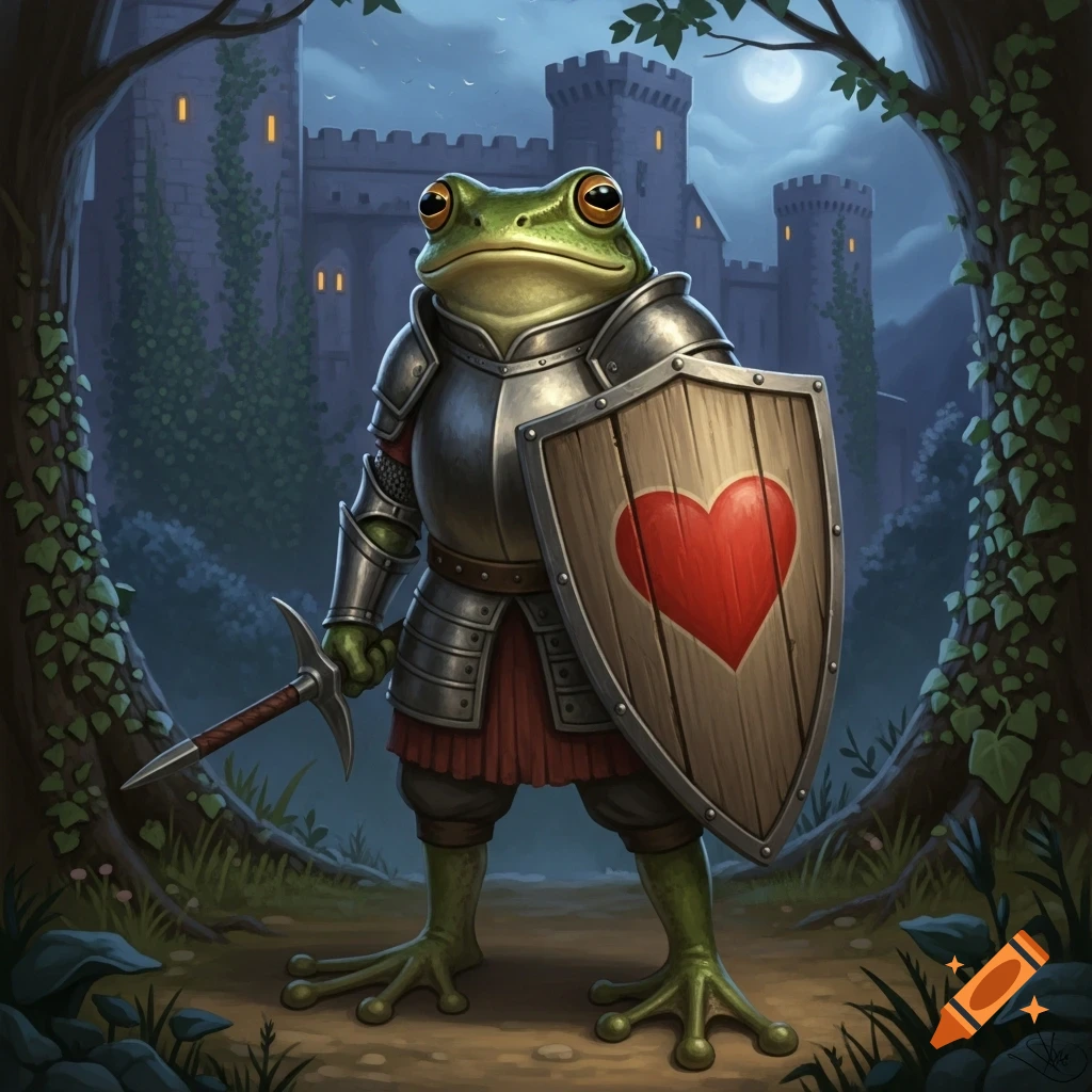 A detailed illustration of a frog knight in silver armor, holding a ...