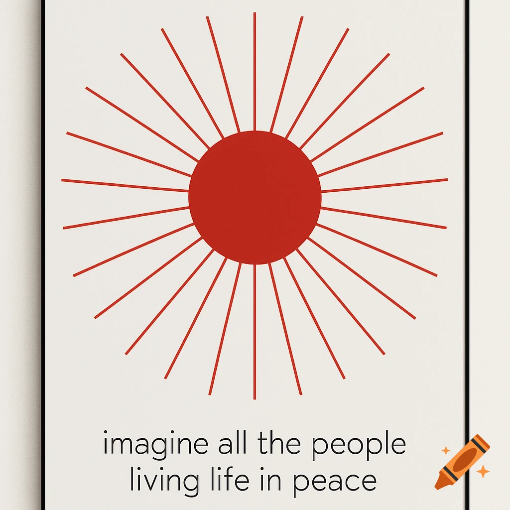 Minimalist poster with a red sun and red rays on a white background, featuring the quote "imagine all the people living life in peace" below.