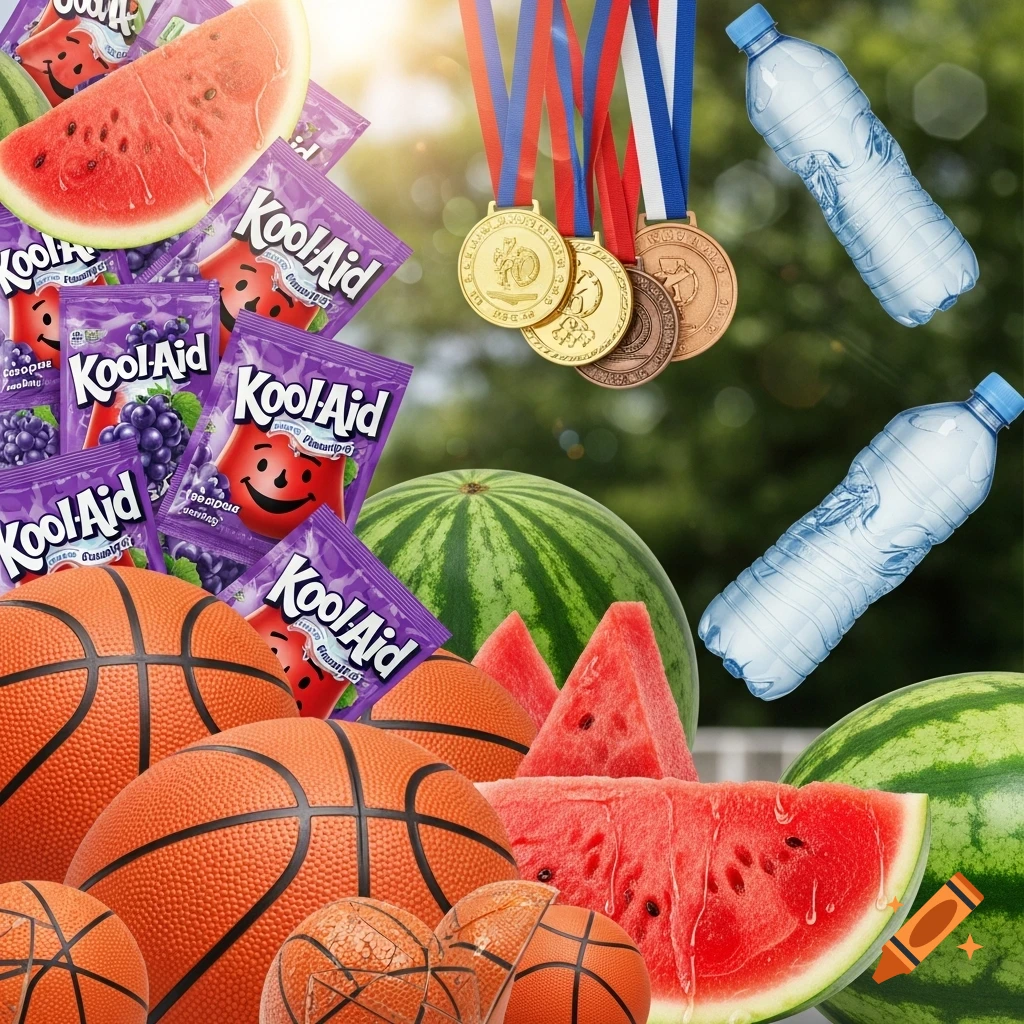 A collage of basketballs, grape Kool-Aid packets, watermelons, track medals, and water bottles against a blurred outdoor background.