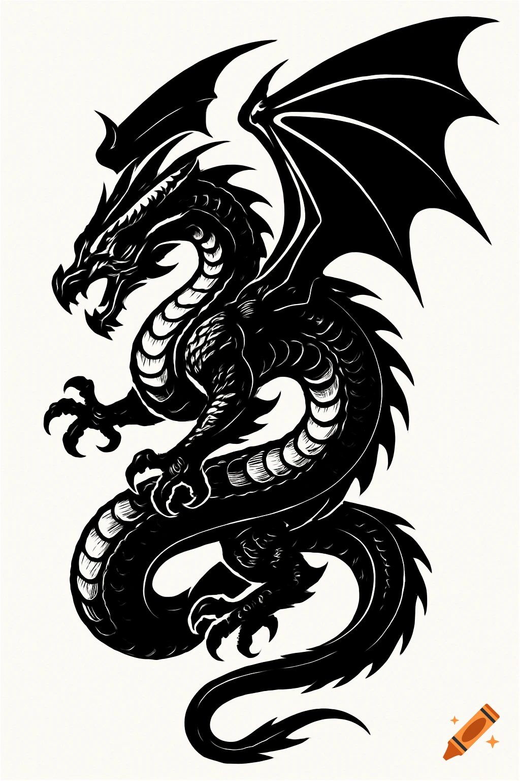 A black and white stylized illustration of a coiled dragon with spread wings, in a tattoo art style.