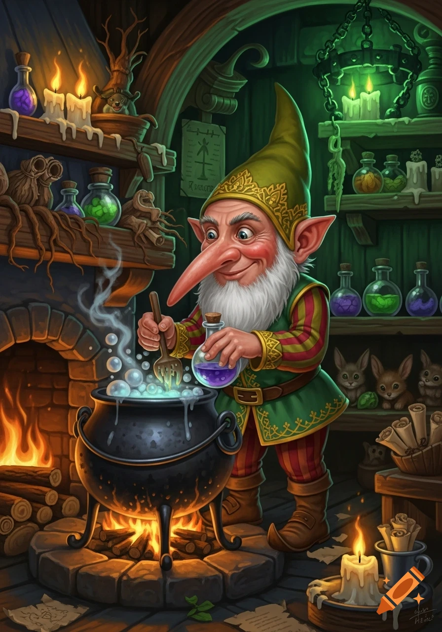 A friendly, old gnome with a long nose stirs a bubbling cauldron in a cozy, magic-filled workshop with a fireplace and shelves of potions, in a whimsical illustration.