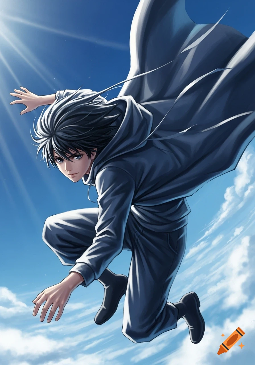Anime boy in a gray hoodie and flowing cape, falling through a bright blue sky with clouds.