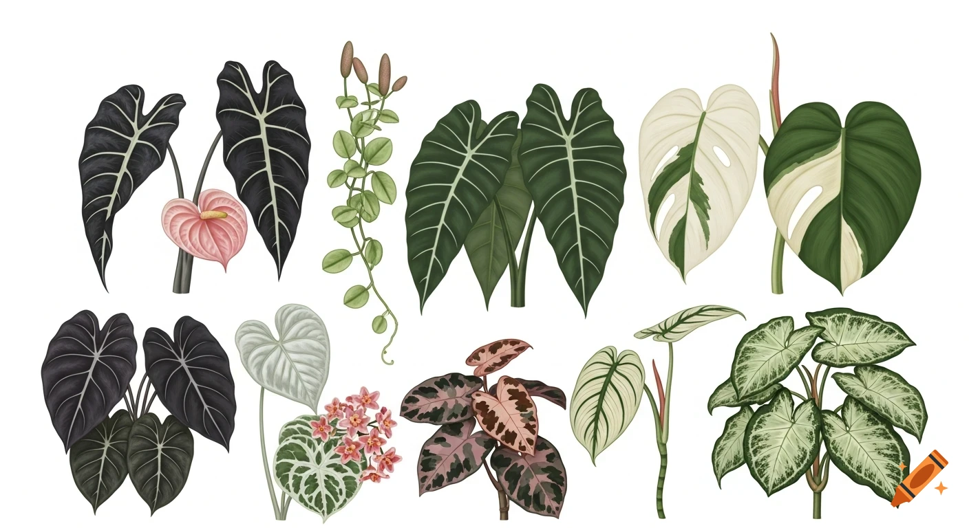 A botanical illustration of various tropical plants including dark Alocasia, variegated Monstera, Anthurium, and Caladium on a white background.