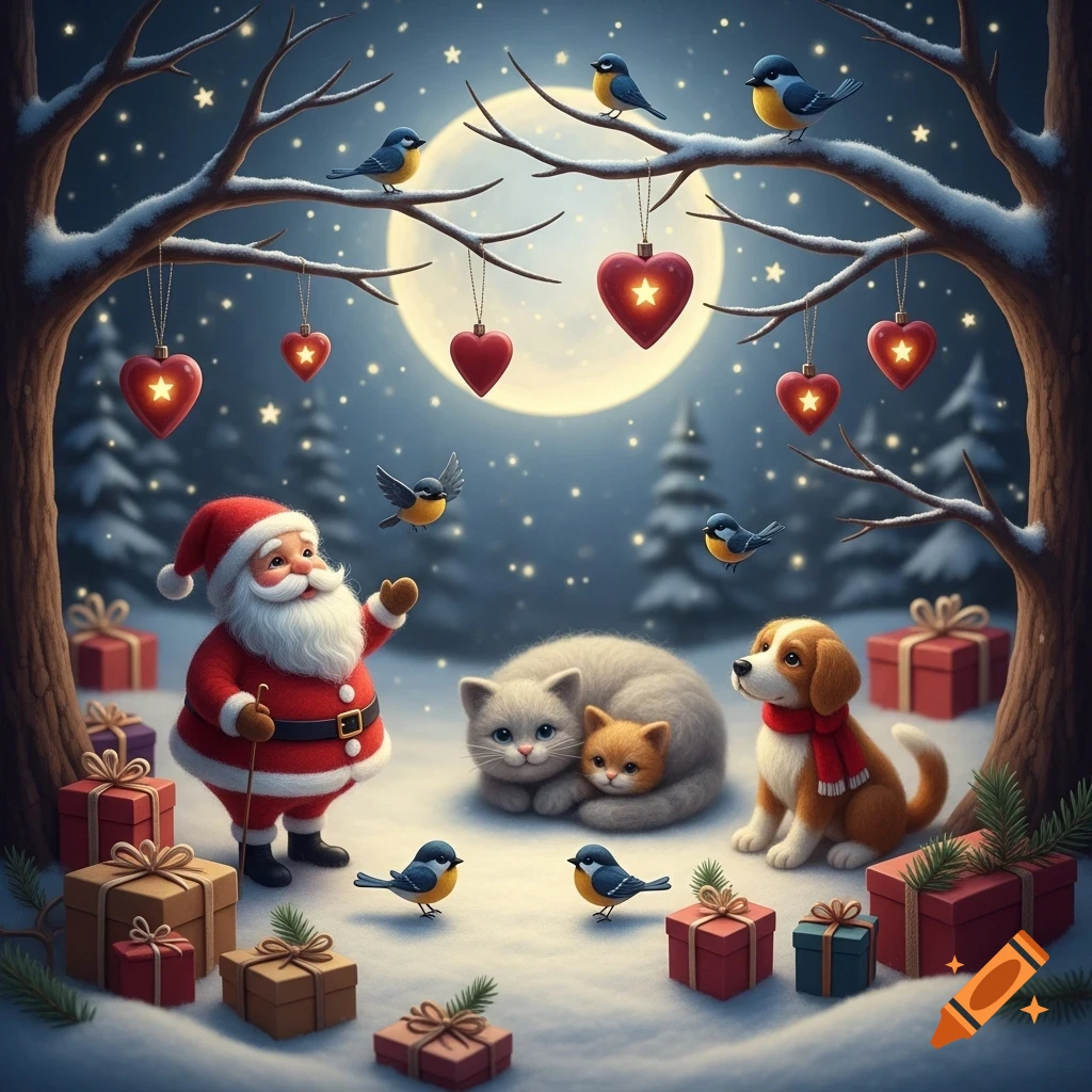Santa Claus, a dog, and two cats sit in a snowy forest scene with gift boxes, under a full moon and starry sky, with heart decorations hanging from trees, in a soft, storybook style.
