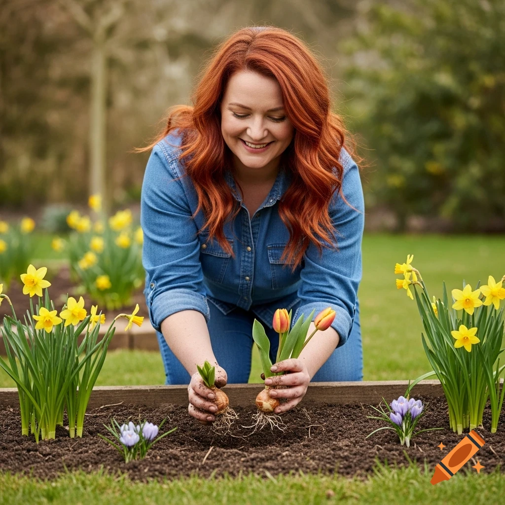 Photorealistic redhead woman happily planting tulip bulbs in a garden bed with daffodils and crocuses.