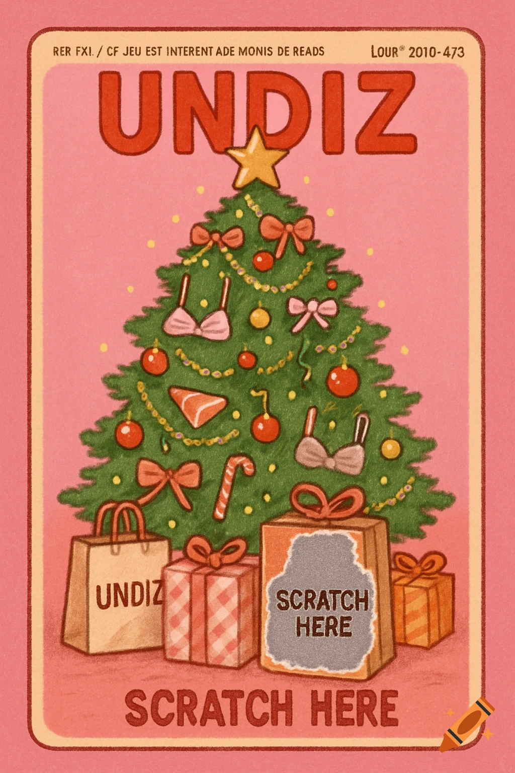 A pink retro-style scratch ticket shows a Christmas tree decorated with ...