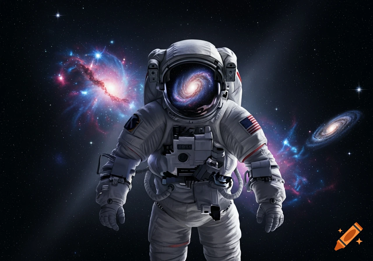 An astronaut floats in deep space, with vibrant galaxies and stars visible around them and reflected in their helmet.