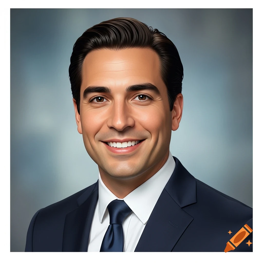 Photorealistic portrait of a smiling man in a dark suit and blue tie against a blurred background.