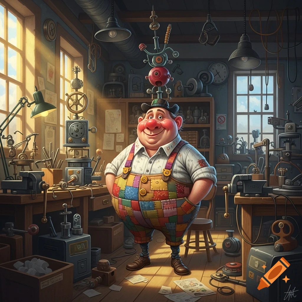A portly, smiling cartoon inventor in colorful patchwork overalls stands in a cluttered, sunlit workshop with whimsical machines and tools.