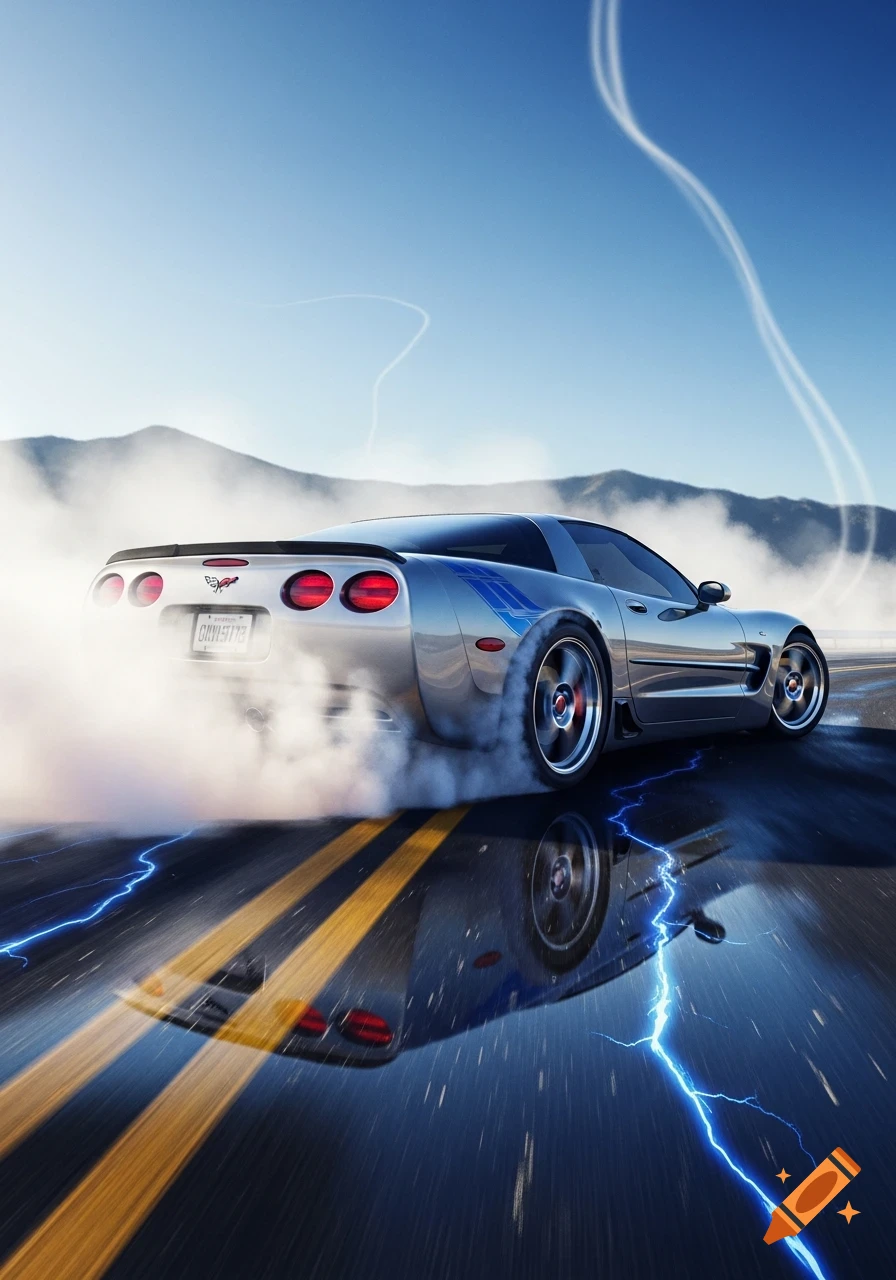A silver Corvette C5 drifts on a wet road with smoke and blue lightning, mountains in the background.