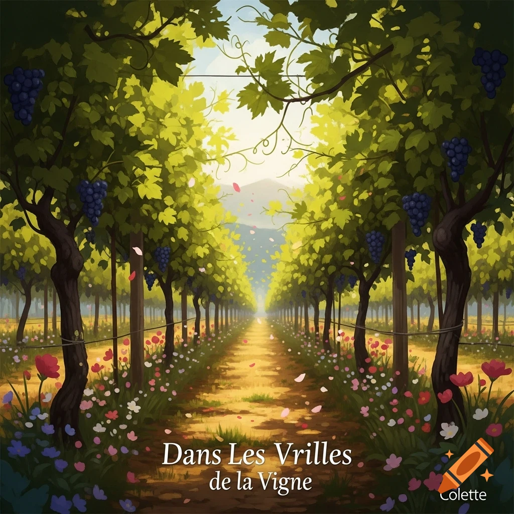 A stylized illustration of a sunlit vineyard path lined with green grapevines, dark grapes, and colorful flowers, with text on the ground.