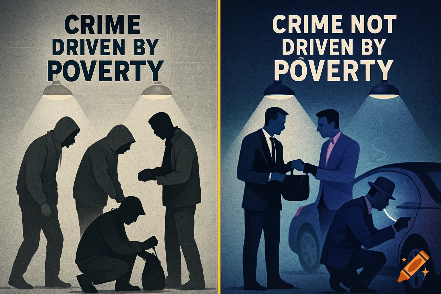 Illustration comparing crime driven by poverty on the left, showing hooded figures stealing, and crime not driven by poverty on the right, showing suited figures exchanging a briefcase and breaking into a car.